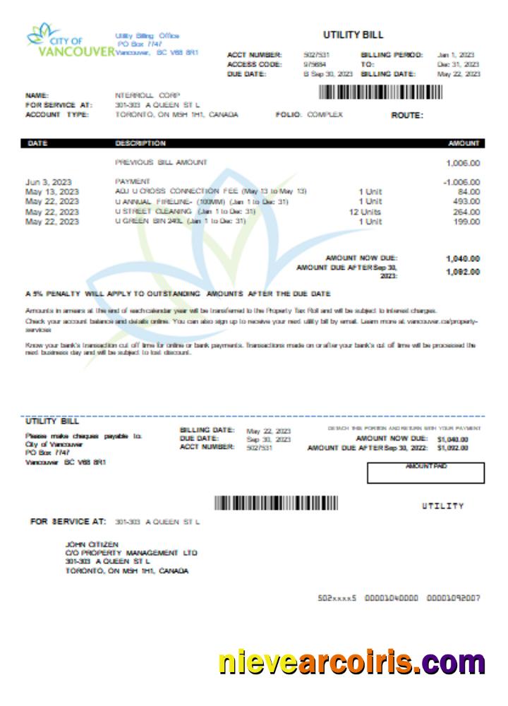 City of Vancouver utility business bill
